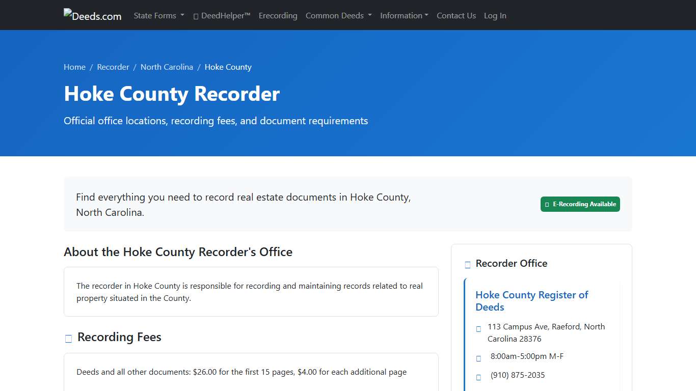 Hoke County Recorder Information, North Carolina - Deeds.com